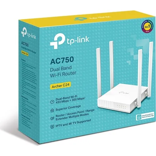 TP-Link Archer C24, AC750 Mbps Dual-Band Kablosuz Access Point/Menzil Genişletici/Router