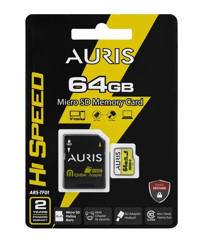 Auris 64GB Micro SD Kart 10/100MB/S Akıllı Cihazlara Uyumlu Mni SD Hafıza Kartı