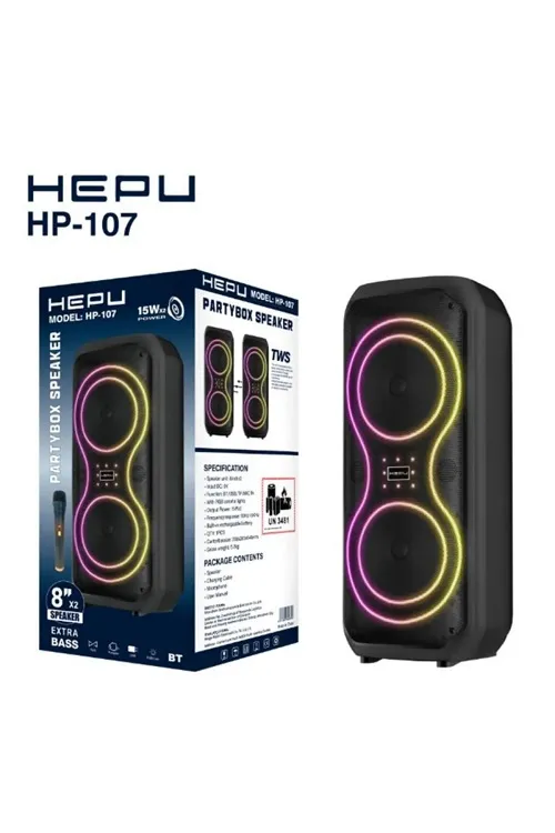HEPU HP 107 Bluetooth Hoparlör 2X8 inc 30 watt Rms Rgb Efektif Kablosuz Karaoke Mikrofon TWS