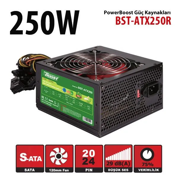 Power Boost BST-ATX250R 250w Siyah 12cm Kırmızı Fanlı ATX Power Supply Kutulu