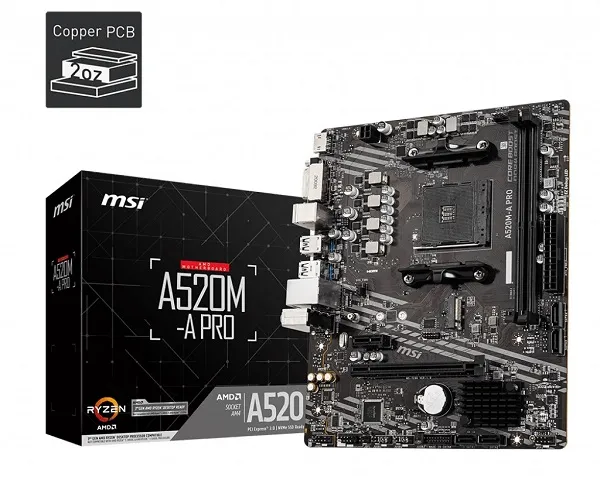 Msi A520M-A Pro AM4 DDR4 4600(OC) M.2 Ses Glan Hdmi/Dvi Sata3 USB3.2 mATX